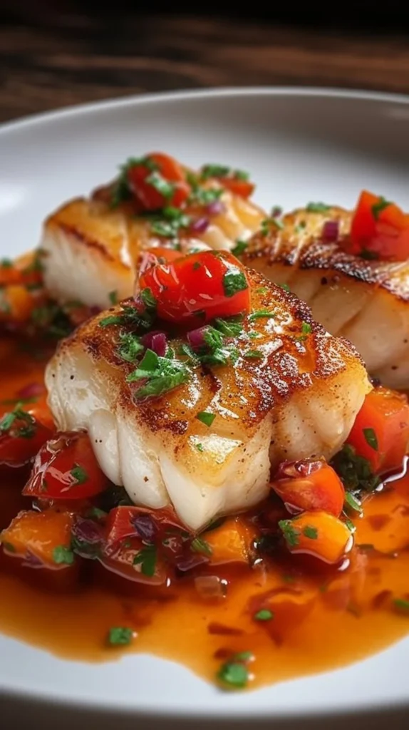 Plate of cod with red pepper sauce and shrimp garnished with herbs