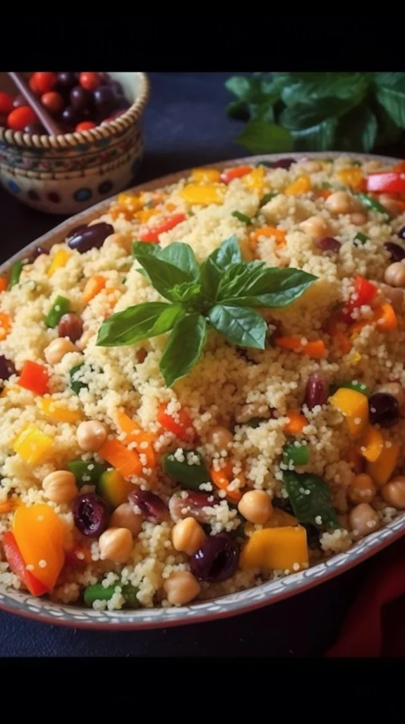 Couscous salad with roasted vegetables in a colorful bowl