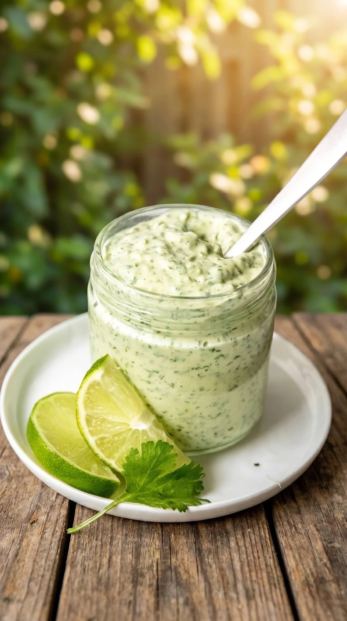 Creamy garlic lime cilantro sauce in a bowl, perfect for drizzling or dipping.
