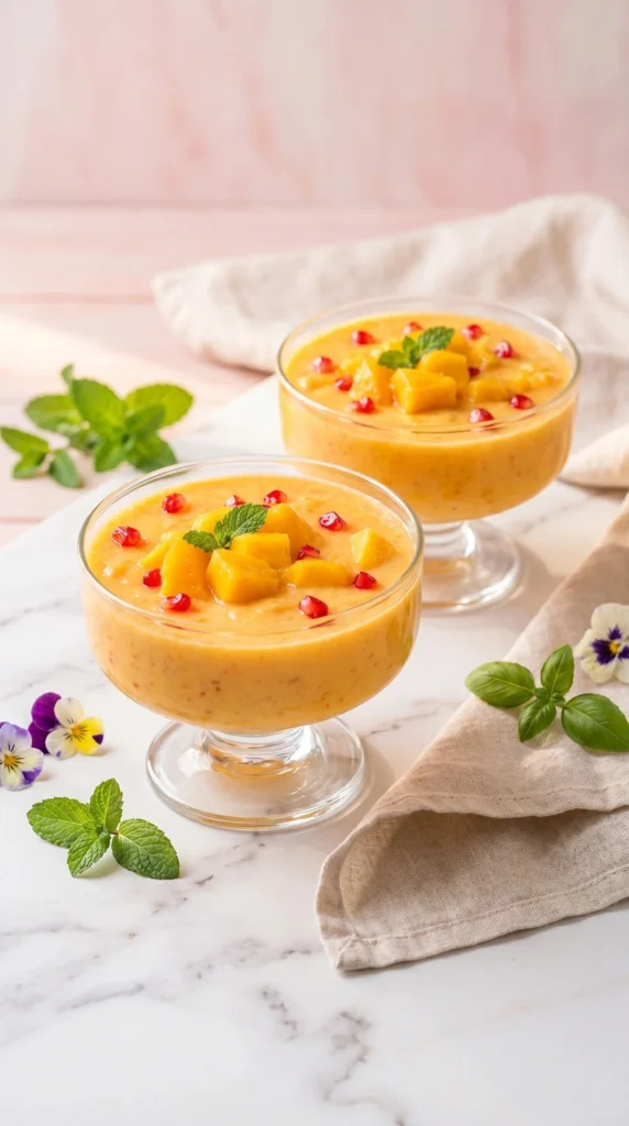 Creamy mango custard dessert served in a bowl with fresh mango slices