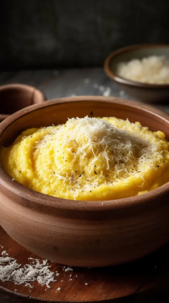Bowl of creamy Parmesan Polenta topped with herbs and cheese