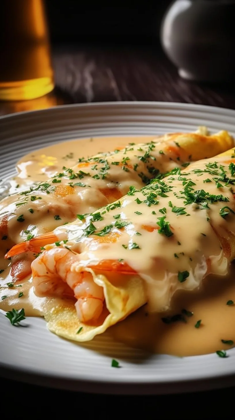 Creamy seafood stuffed crepes filled with succulent seafood and herbs