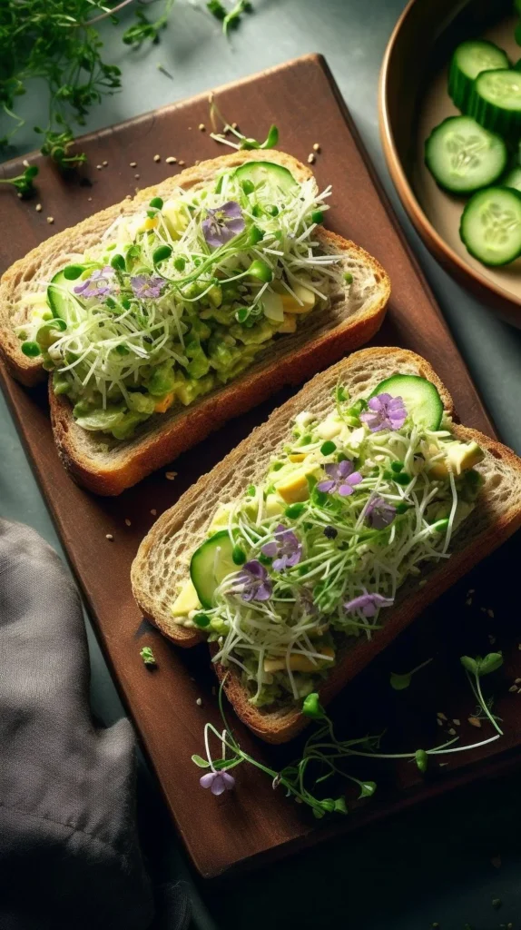 Cucumber salad sandwiches on plate with fresh herbs and sliced cucumbers