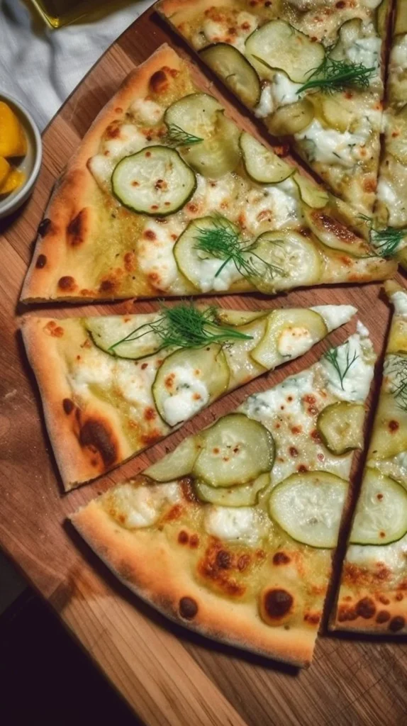 Dill pickle and garlic pizza slice with fresh ingredients