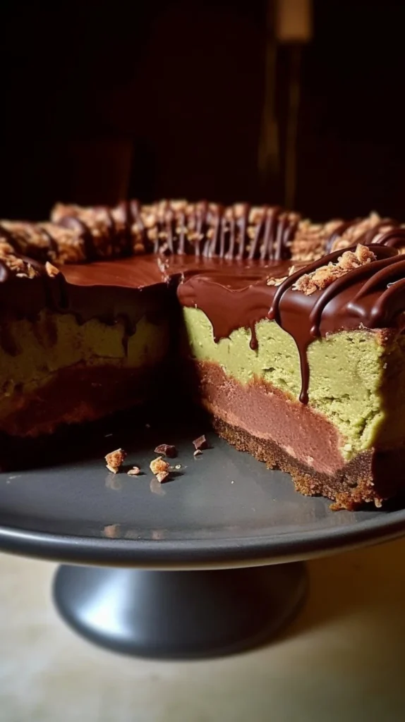 Delicious Dubai chocolate cheesecake topped with chocolate shavings.