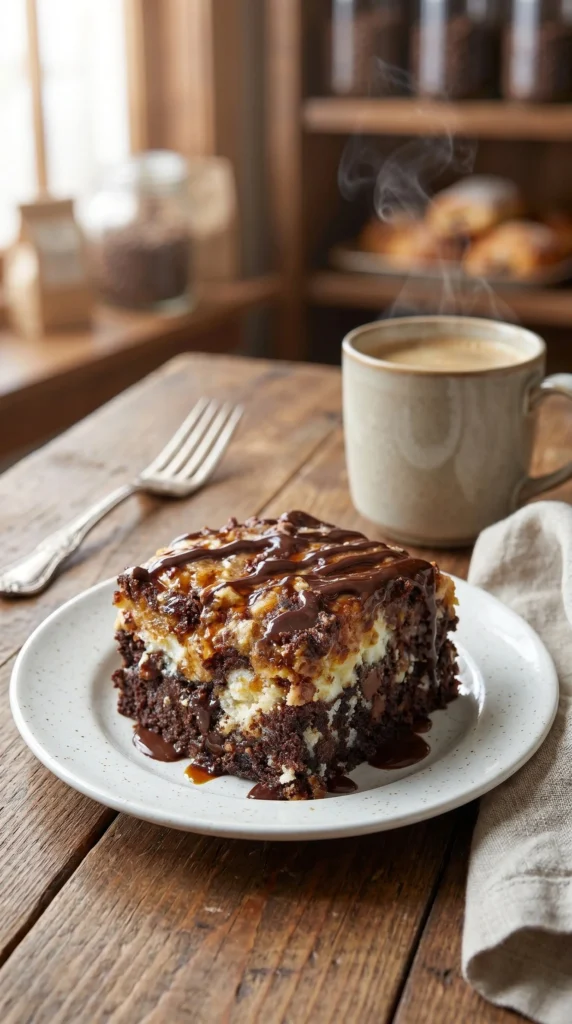 Slice of decadent Earthquake Cake topped with cream cheese and chocolate.