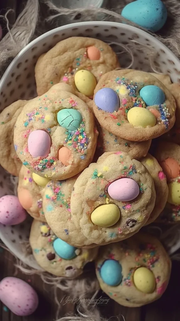 A platter of beautifully decorated Easter cookies with vibrant colors and shapes.