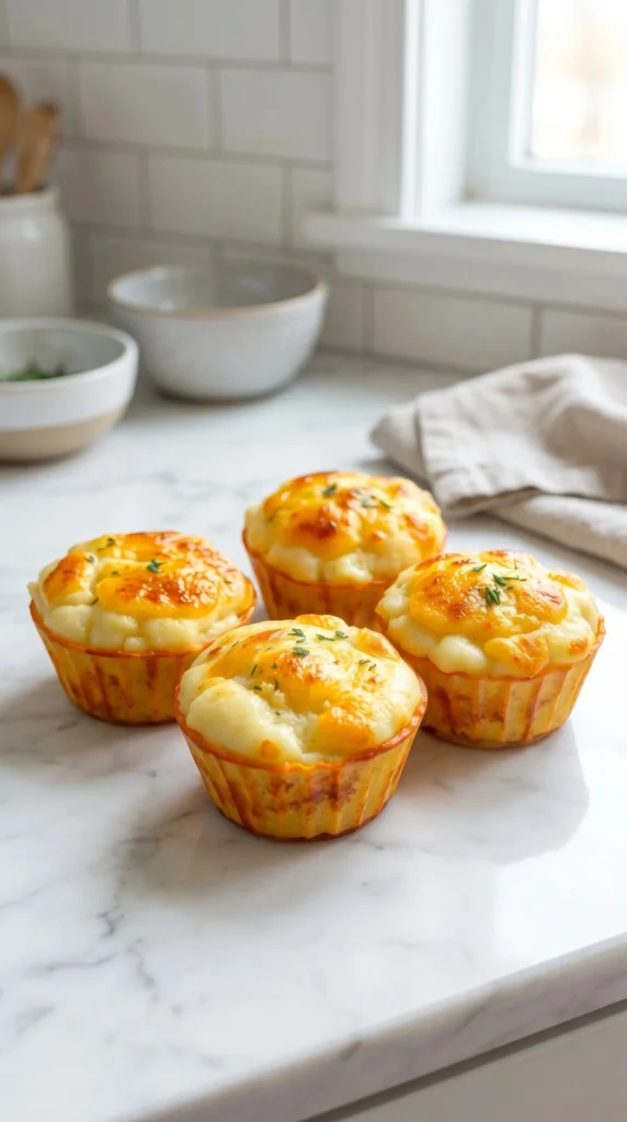 Delicious easy mashed potato muffins served on a wooden plate.