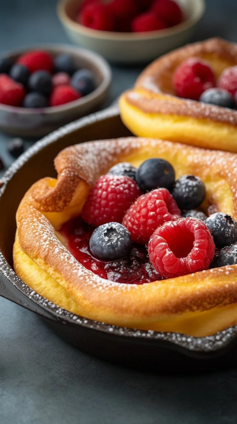 Plate of easy mini Dutch baby pancakes topped with fruits and powdered sugar