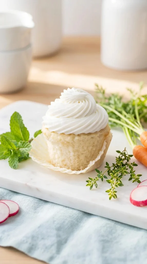 Elegant white cupcakes decorated with delicate frosting flowers