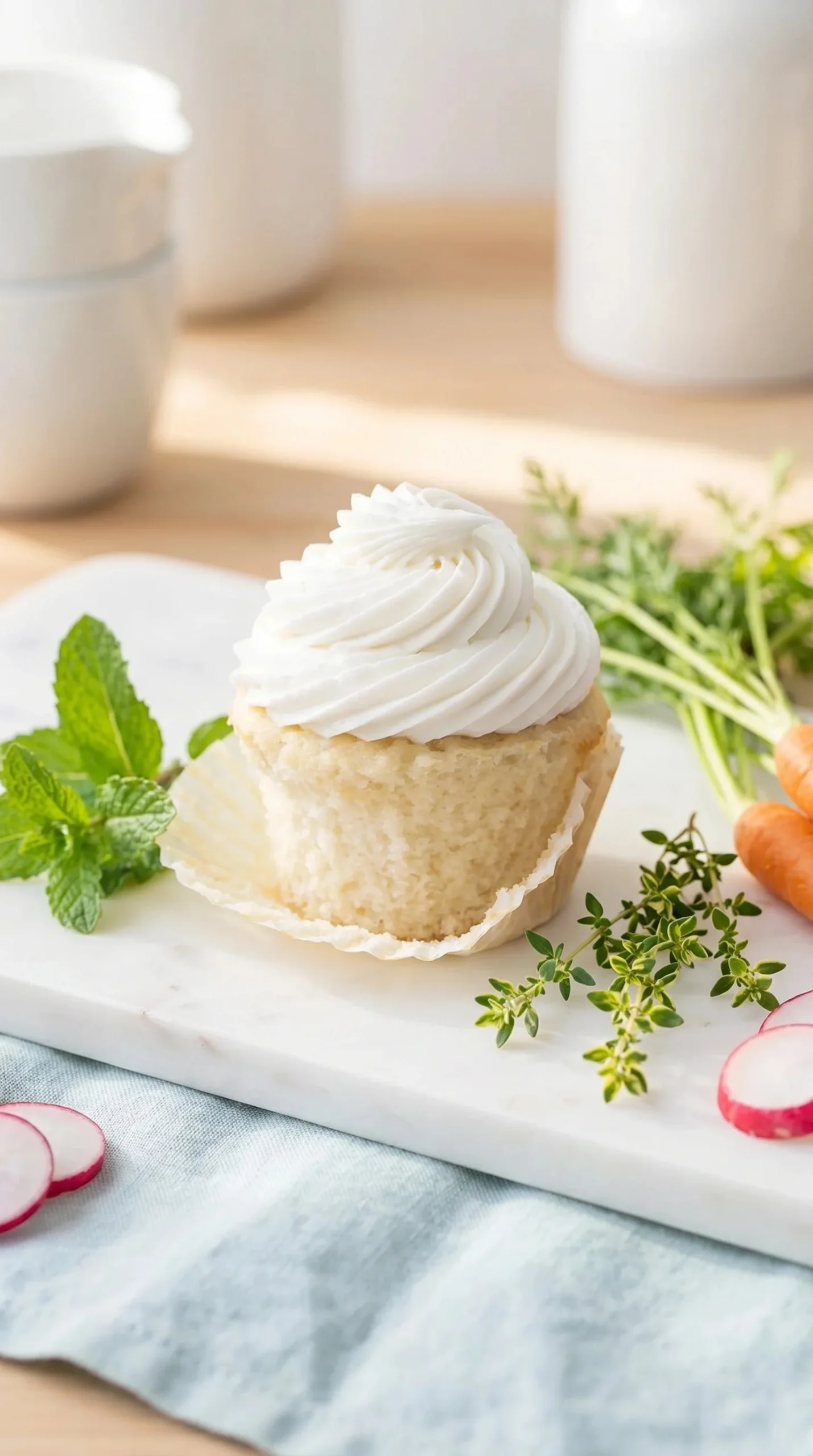 Elegant white cupcakes decorated with delicate frosting flowers