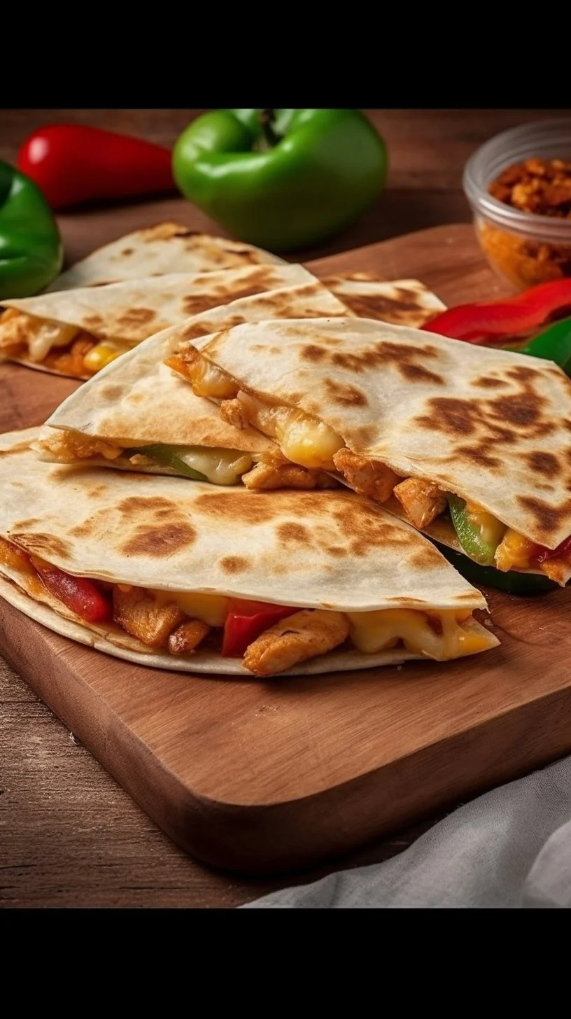 Delicious fajita quesadilla filled with grilled vegetables and chicken