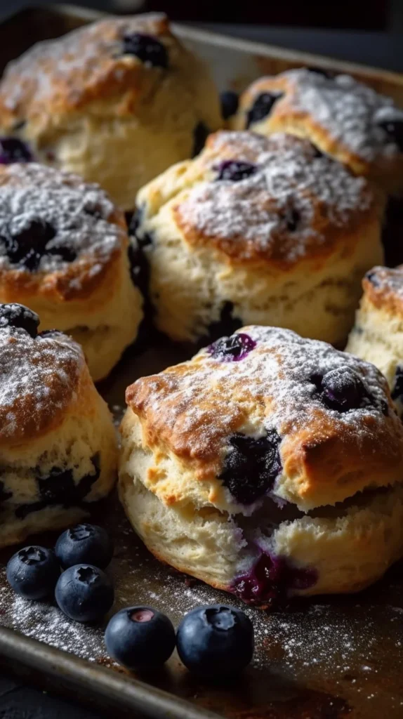 Flaky blueberry biscuits topped with a lemon glaze on a plate