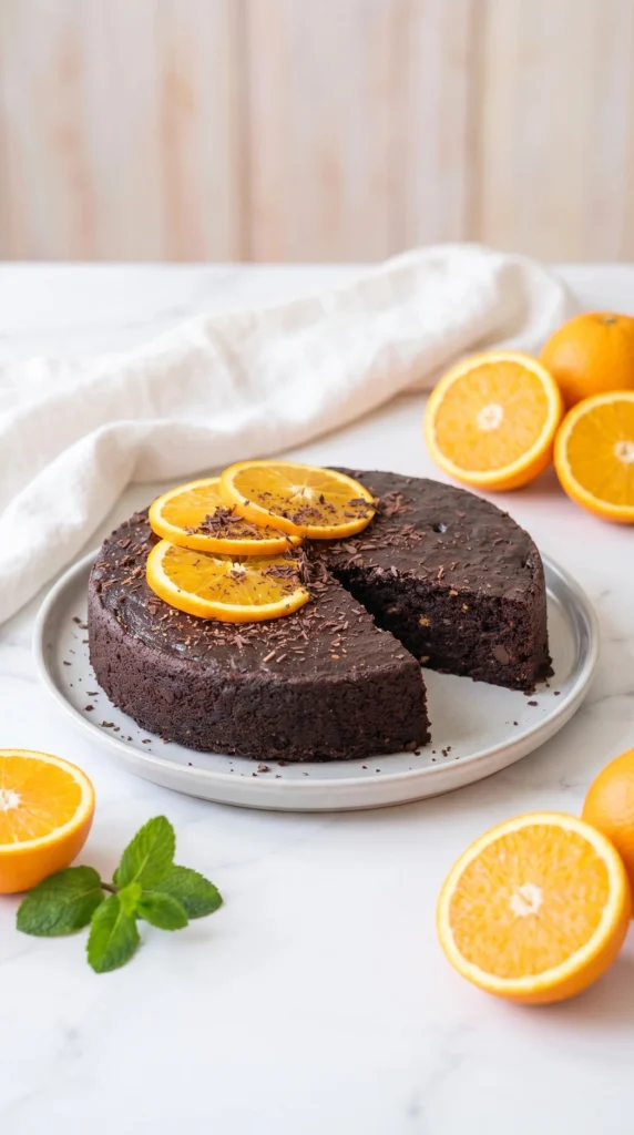 Flourless Dark Chocolate Orange Cake topped with orange slices and cocoa powder.