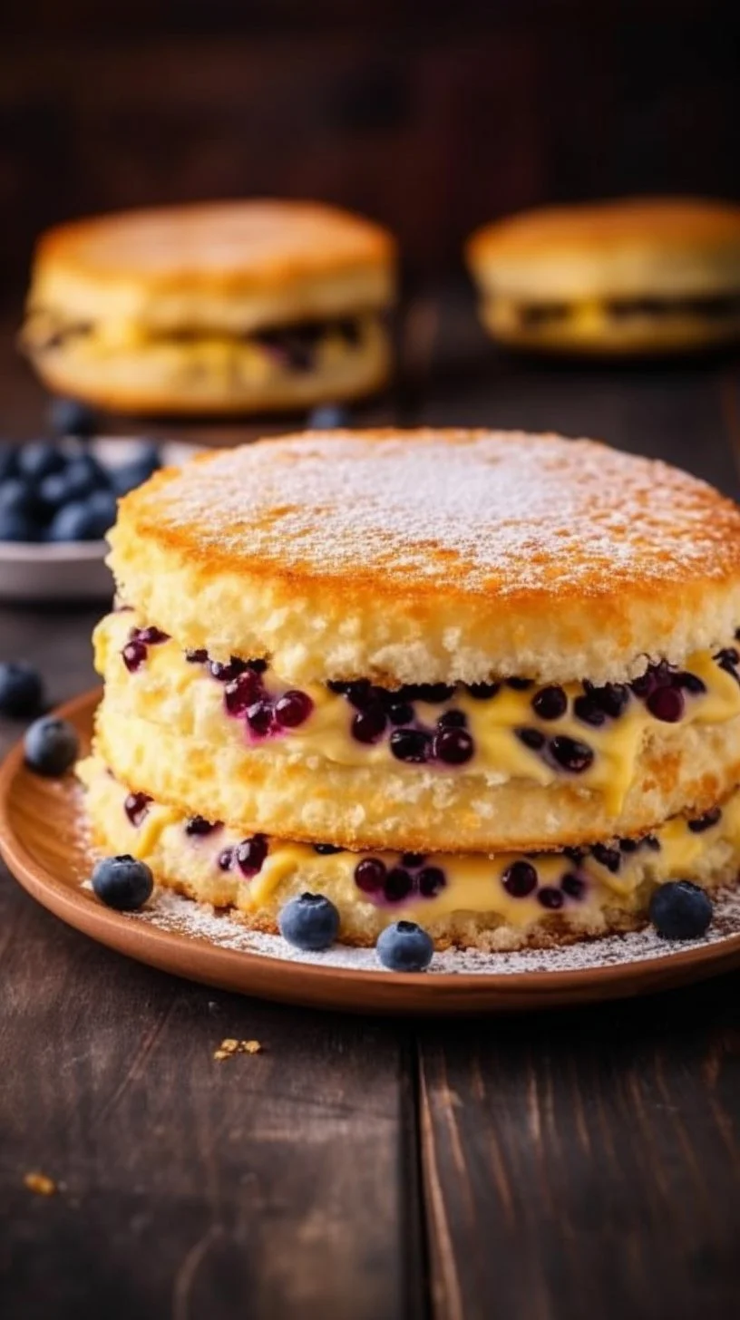 Fluffy blueberry pancake sandwiches stacked with fresh blueberries and syrup