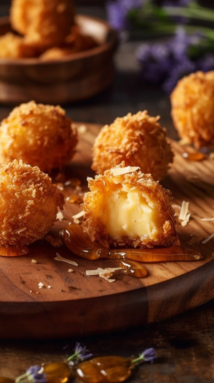 Fried Manchego cheese bites served with lavender honey