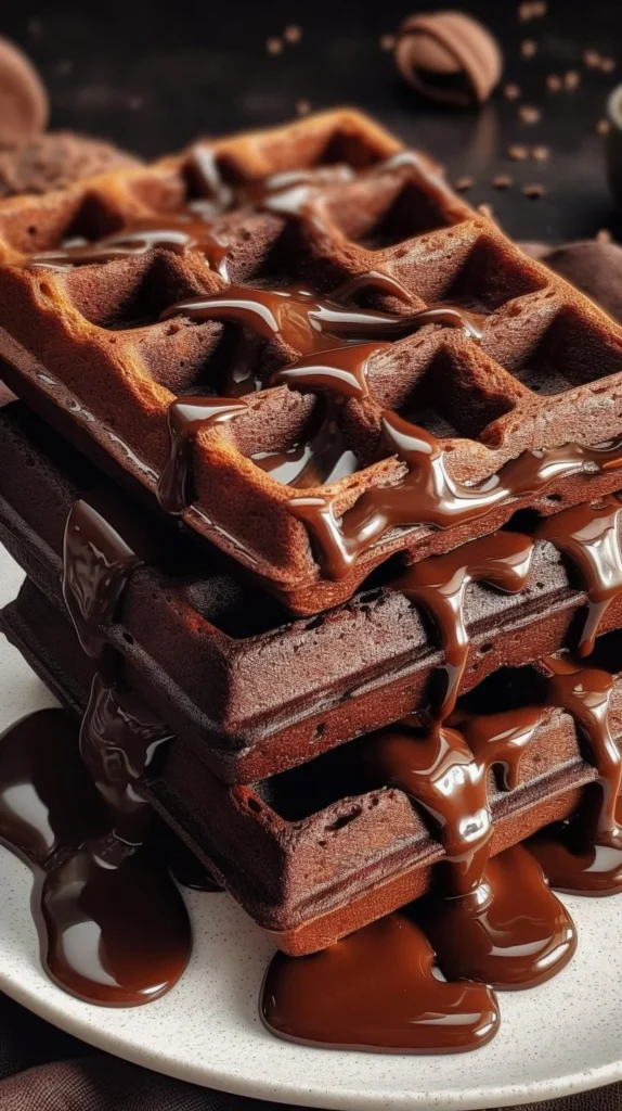Delicious fudgy brownie waffles topped with chocolate sauce and strawberries