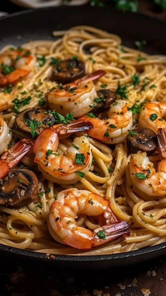Delicious garlic pasta with shrimp, mushrooms, and fresh parsley garnished.