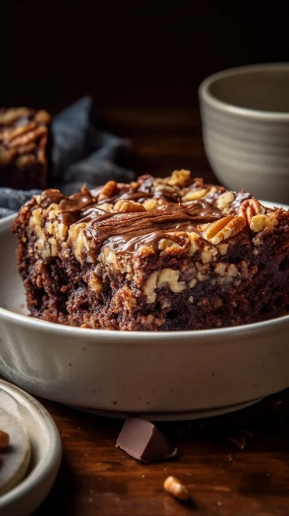 Delicious German chocolate dump cake topped with coconut and pecans