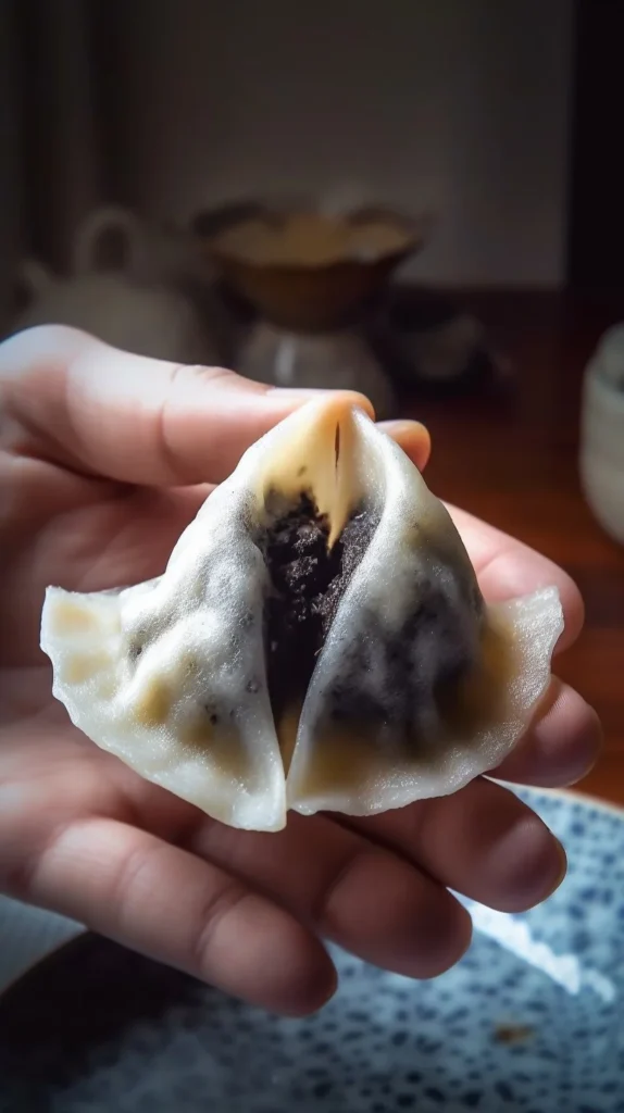 Glutinous rice cakes filled with sweet black sesame on a plate.