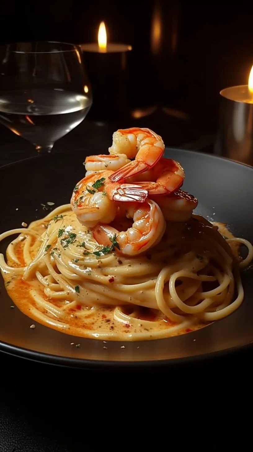 Delicious golden garlic shrimp cream bowl garnished with herbs