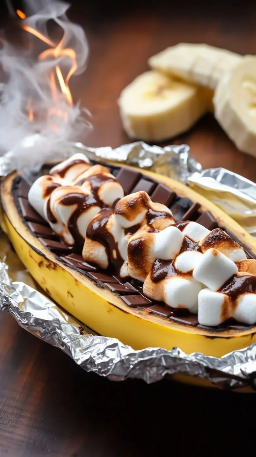 Grilled chocolate marshmallow bananas served on a plate