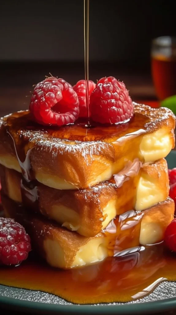 Delicious Hawaiian Roll French Toast served with syrup and fruit