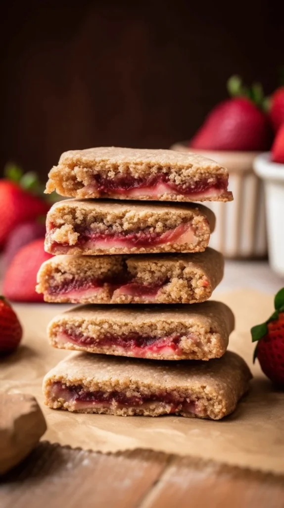 Homemade strawberry nutrigrain bars on a wooden table