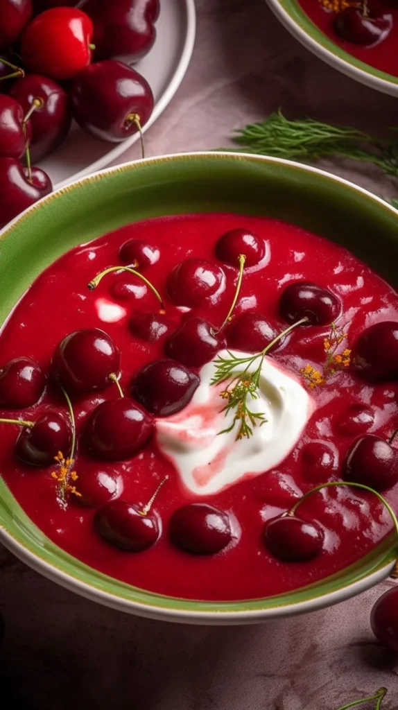 Bowl of Hungarian cold cherry soup garnished with mint leaves