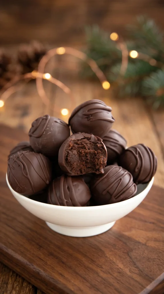 A plate of rich Keto Brownie Truffles topped with cocoa powder and nuts.