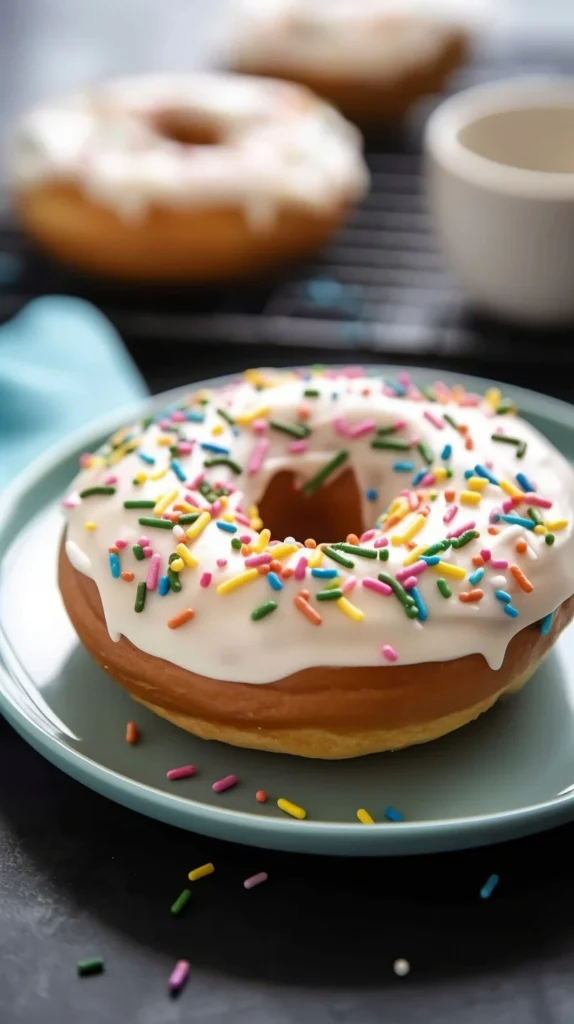 Delicious Keto Protein Donuts topped with frosting and colorful sprinkles