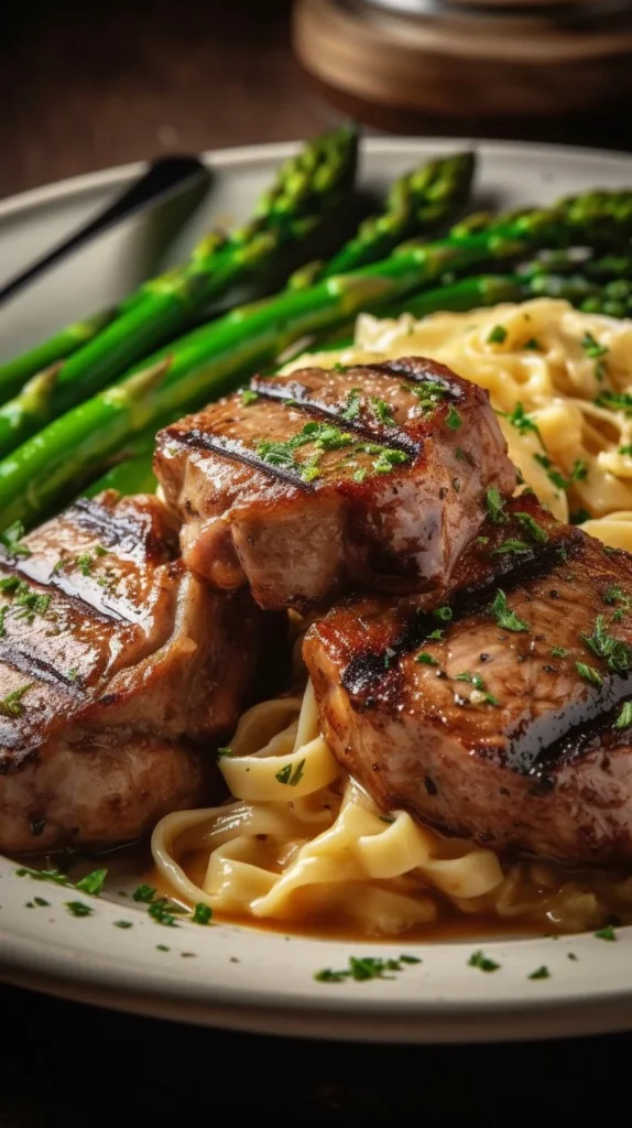 Lamb Chops served with Shrimp Alfredo and Broccolini on a plate