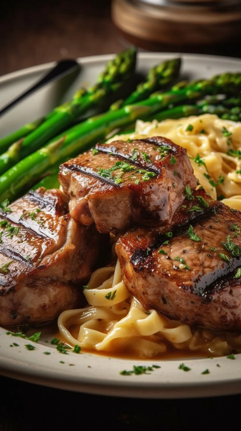 Lamb Chops served with Shrimp Alfredo and Broccolini on a plate