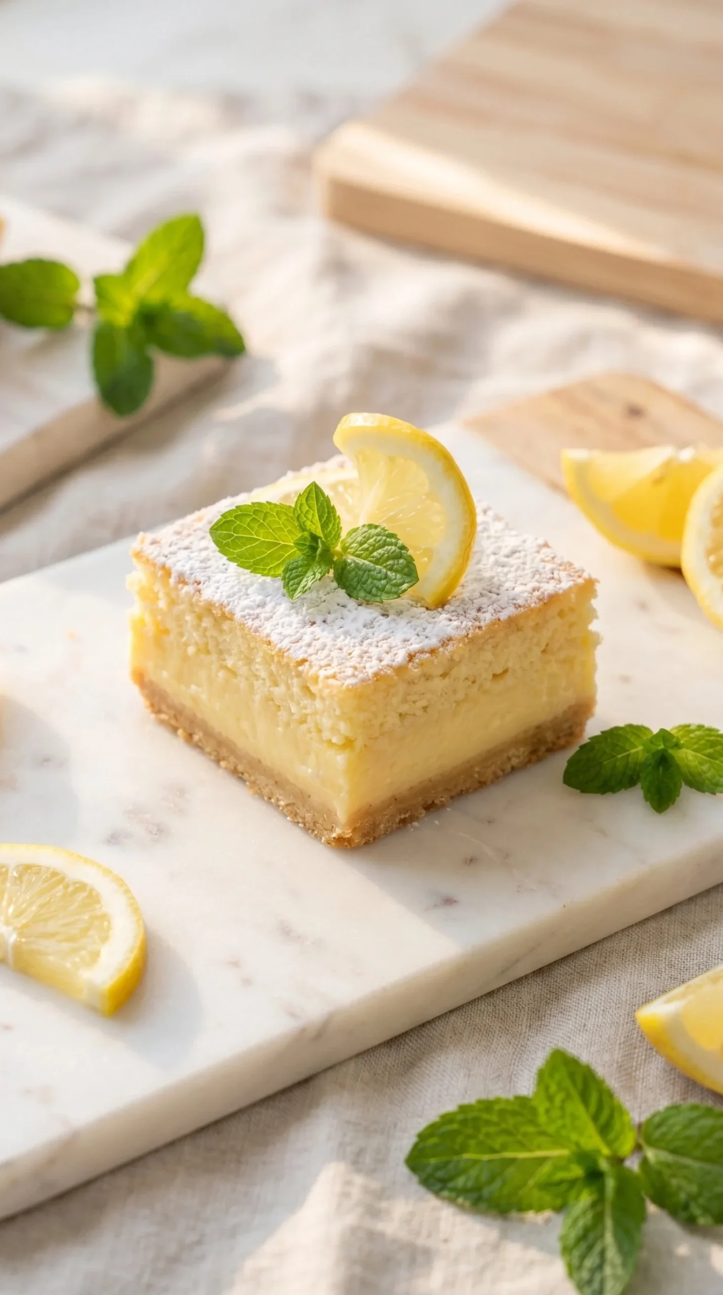 Slices of lemon custard cake garnished with fresh lemon and mint leaves