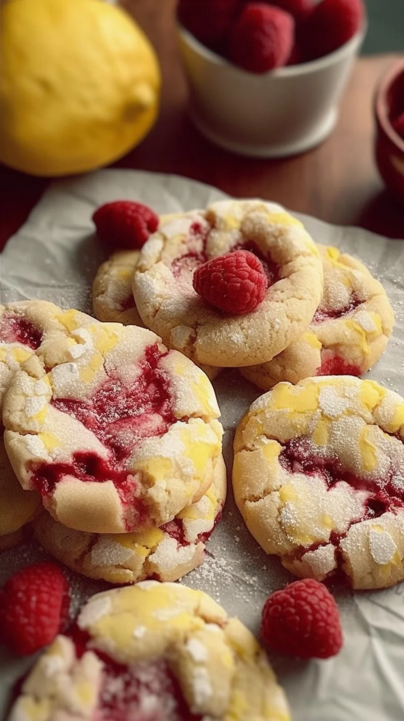 Freshly baked Lemon Raspberry Cookies on a plate, garnished with raspberries.
