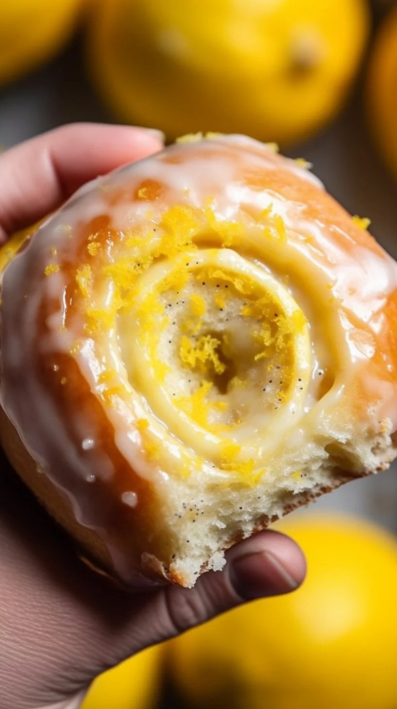 Delicious homemade lemon rolls topped with icing on a wooden plate