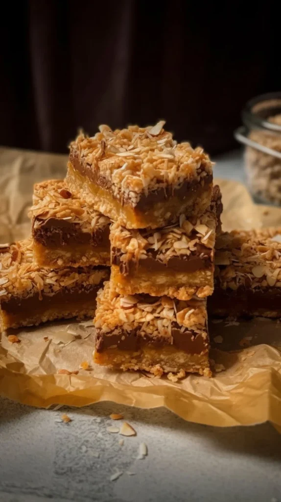 Delicious Louisiana Crunch Bars topped with coconut and crunch for a sweet treat