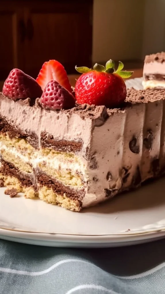 Delicious Magic Fridge Cake topped with chocolate and fruits