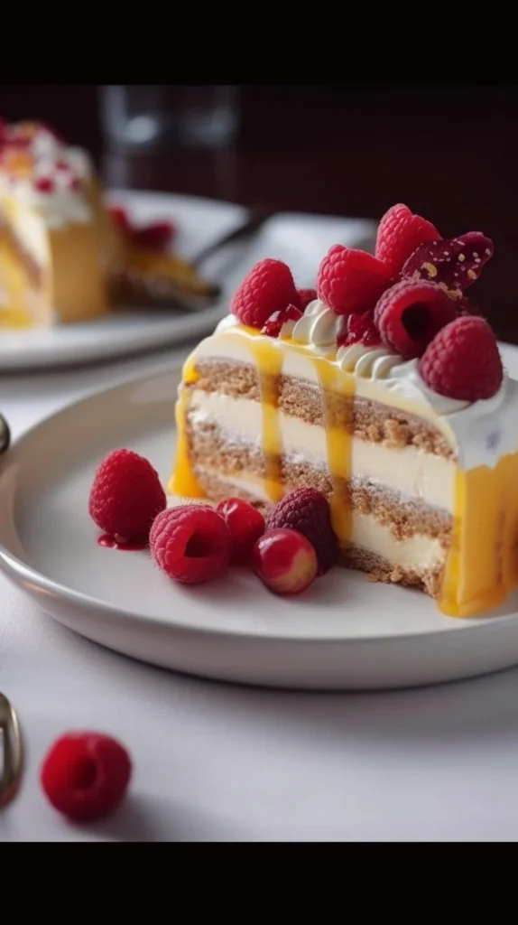 Mango Passionfruit Biscuit Log dessert with vibrant colors and tropical toppings.