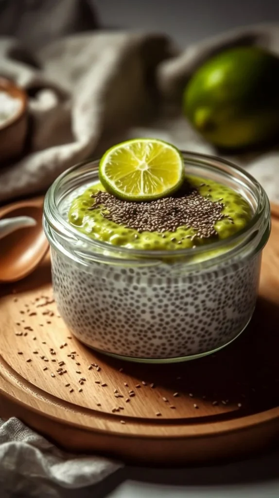 Delicious matcha chia pudding topped with fresh fruits and seeds.
