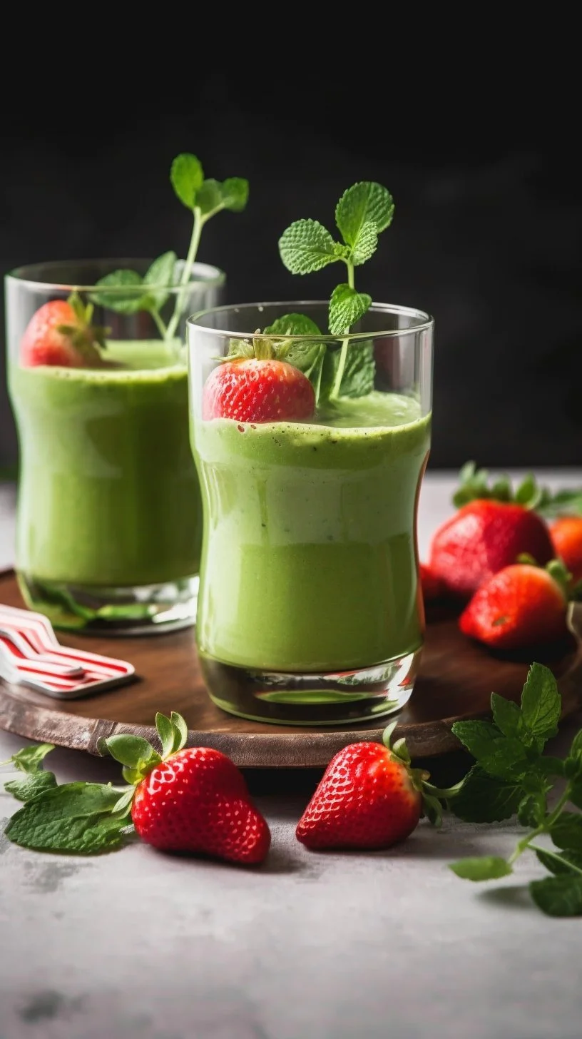 Matcha Coconut Panna Cotta garnished with strawberries on a white plate