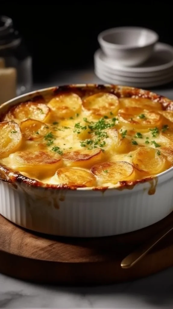 Delicious melting Dauphinois Gratin topped with golden cheese and herbs
