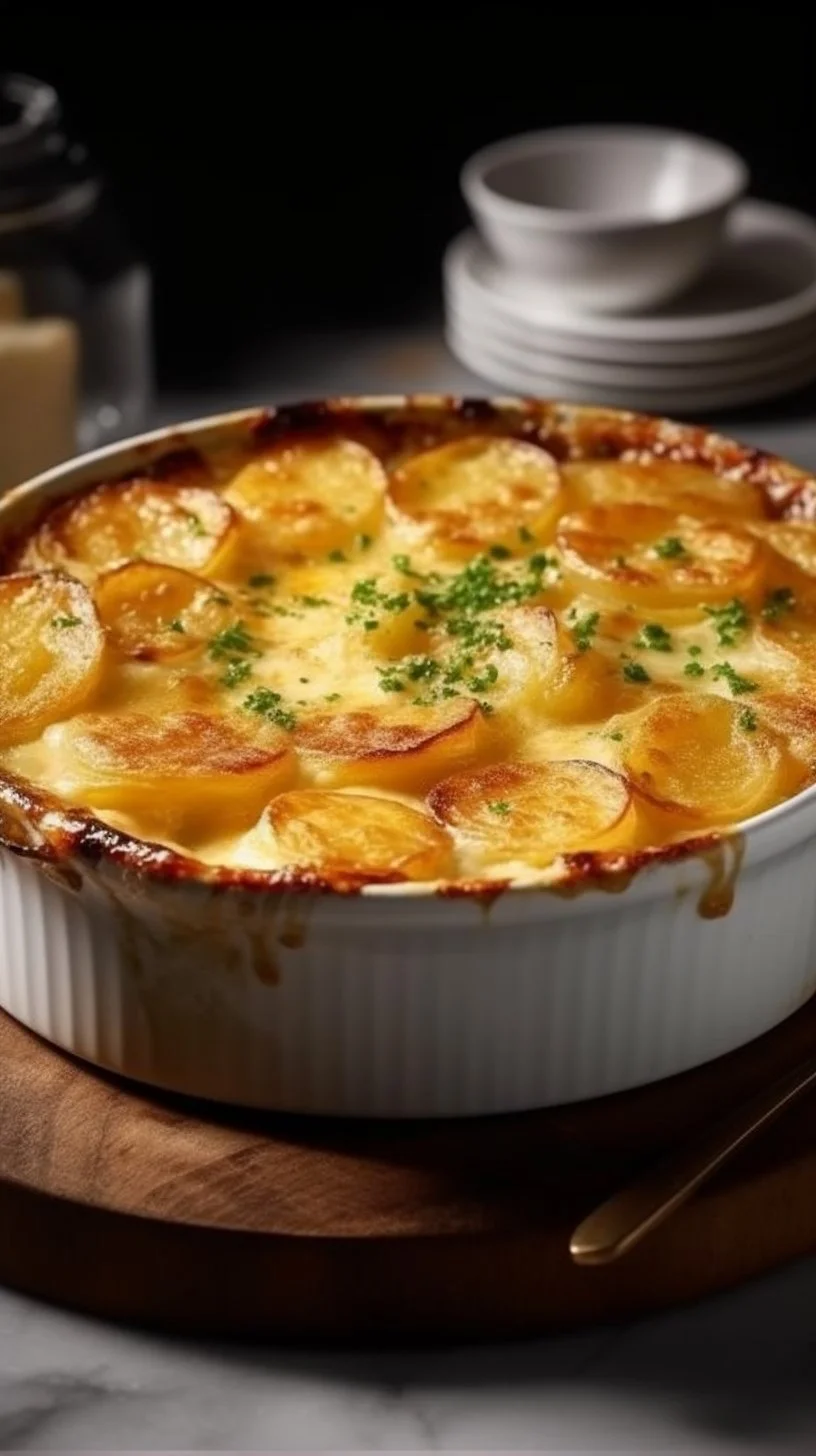 Delicious melting Dauphinois Gratin topped with golden cheese and herbs