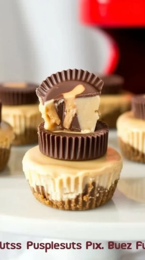 Mini peanut butter cup cheesecakes topped with chocolate and peanut butter.