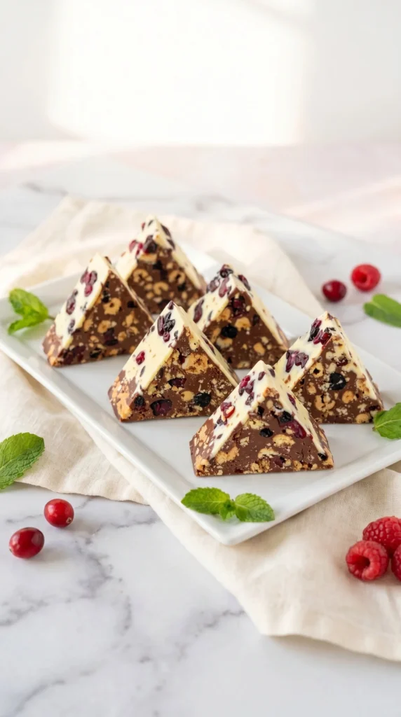 Delicious no-bake chocolate biscuit dessert topped with chocolate sauce and nuts