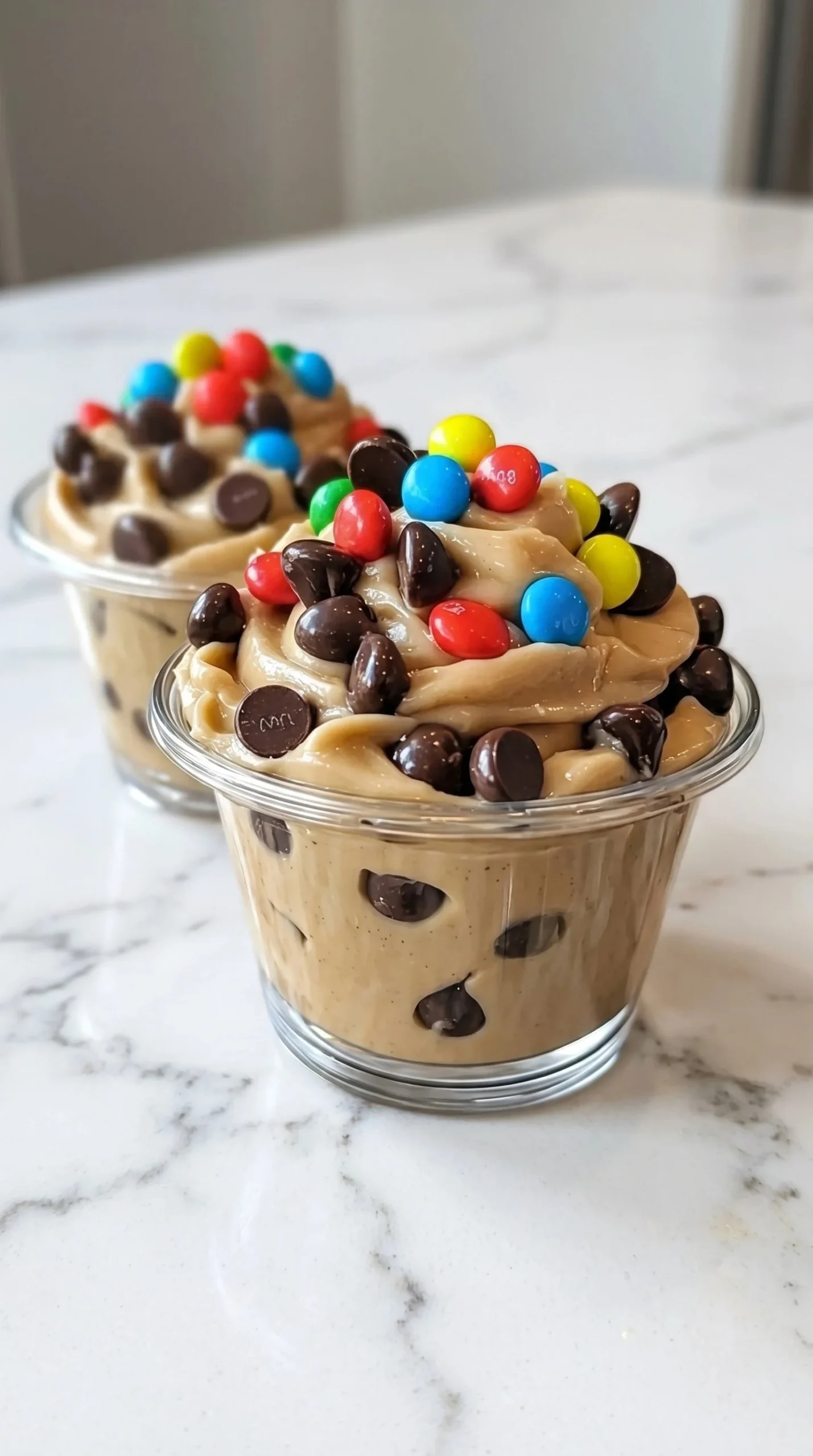 No-Bake Chocolate Chip Cookie Dough M&M Cups ready to enjoy