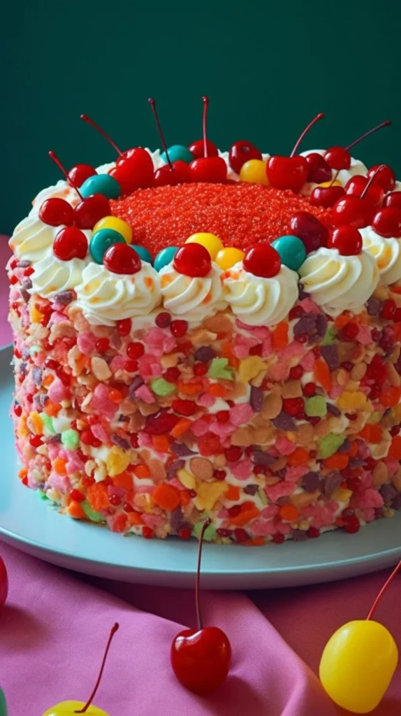 No-Bake Fruity Pebbles Cheesecake with colorful cereal topping