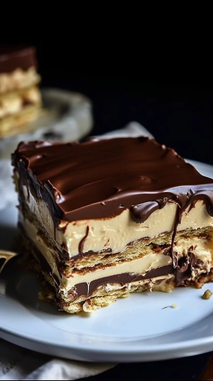 No-Bake Peanut Butter Eclair Cake topped with chocolate icing and peanut butter