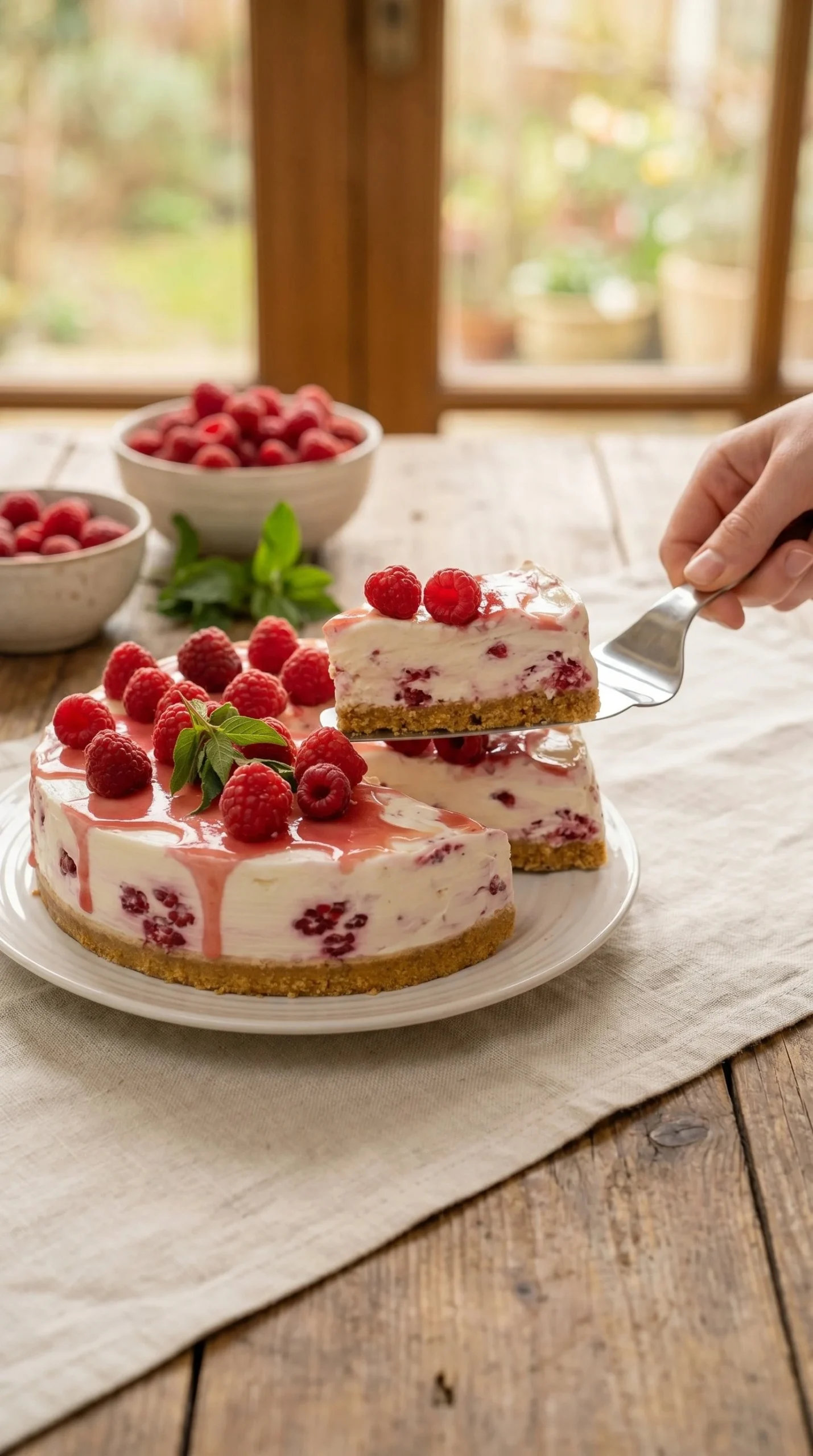 No bake raspberry swirl cheesecake topped with fresh raspberries and graham cracker crust.