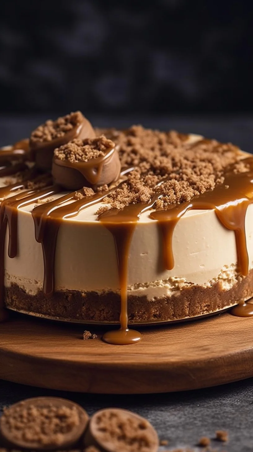 No-bake speculoos cheesecake garnished with whipped cream and cookie crumbs